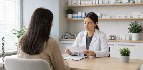 Female pharmacist consulting patient and discussing medical prescription in professional pharmacy setting with pharmacist consultation pharmacy healthcare prescription medicine counseling