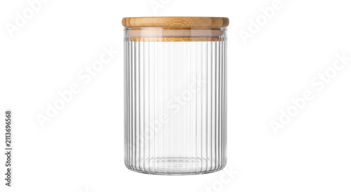 Elegant ribbed glass storage jar with airtight bamboo lid, isolated on transparent background