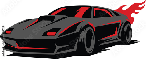 Fotografía Hot Rod Sports Racing Car Vector - Flames Exhaust Fast Muscle Car Illustration G