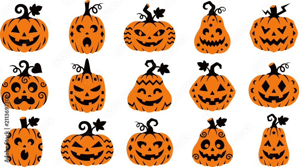 Fototapeta premium Set of various spooky jack o lantern faces for a festive halloween vector design collection