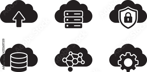 Cloud computing icons set minimalist black high contrast vector graphics for digital technology interface design isolated on transparent background