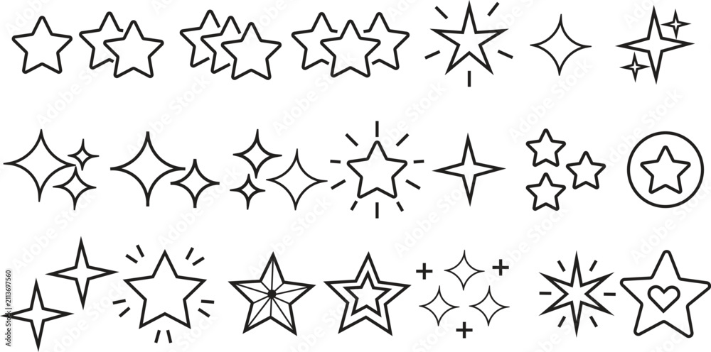 Fototapeta premium Star and sparkle outline icons set, vector starburst, glint, and twinkling line art collection isolated on white background