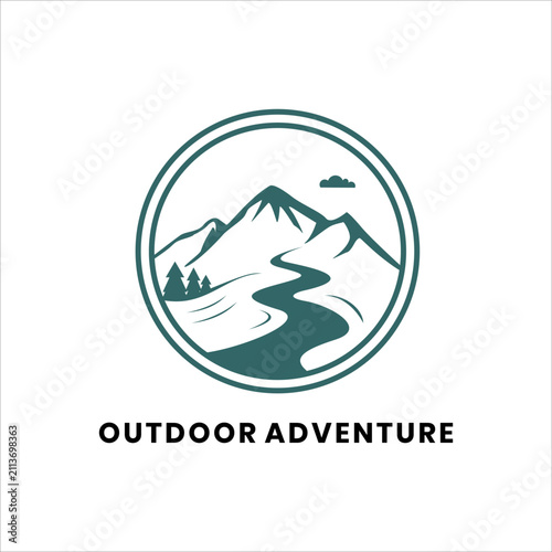 Outdoor Adventure Mountain Landscape Logo Design Vector Circular Nature Emblem with River Forest Wilderness Hiking Travel Branding