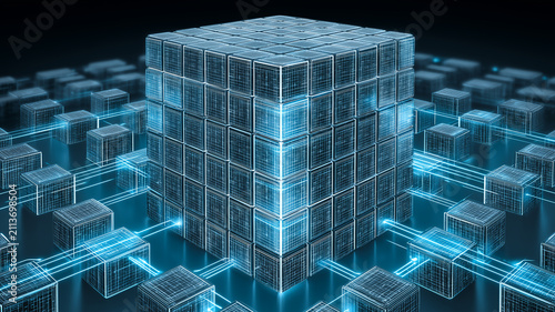 A large cube formed by connected digital blocks represents blockchain infrastructure decentralized data storage and distributed computing.
