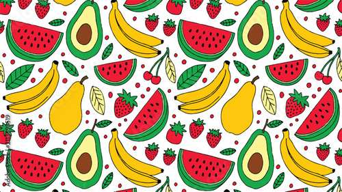 A seamless pattern featuring a colorful assortment of tropical fruits including watermelons bananas avocados and strawberries