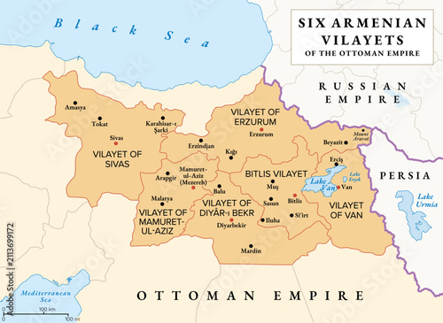 Six Armenian Vilayets of the Ottoman Empire, history map with borders, capitals and largest settlements. The Six Provinces, main Armenian-populated vilayets, compromising most of West Armenia. Vector