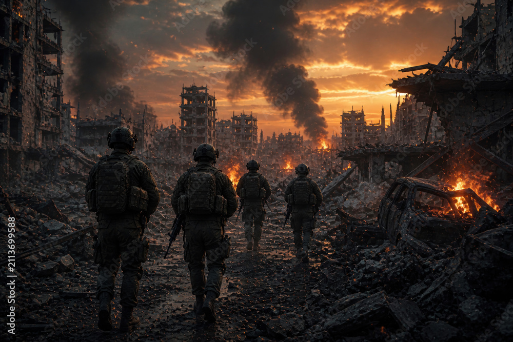 Obraz premium Soldiers Walking Through Destroyed War-Torn City at Sunset