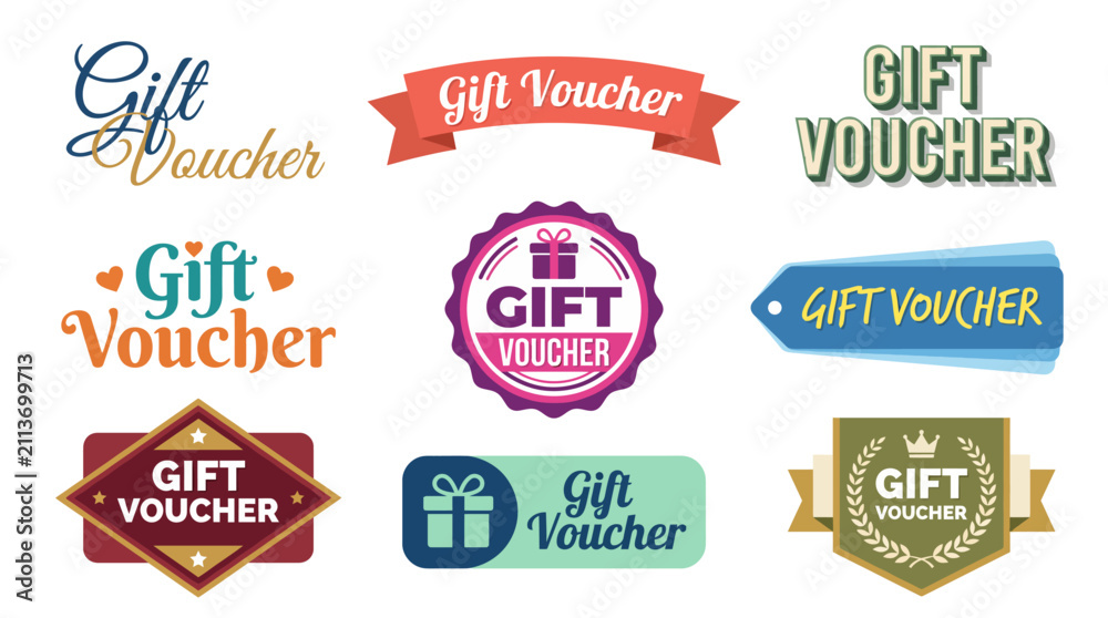 Fototapeta premium This image showcases an array of colorful and creative gift voucher designs, emphasizing the perfect gift solution for every occasion and appealing to diverse preferences.