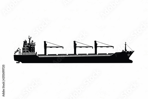 Black Silhouette of a Large Bulk Carrier Cargo Ship for Maritime Transportation and Global Logistics Icon