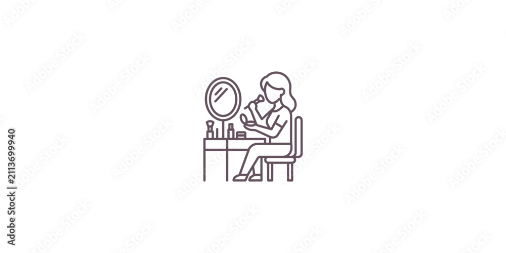 Fototapeta premium A woman sitting at a vanity table applying makeup with a mirror.