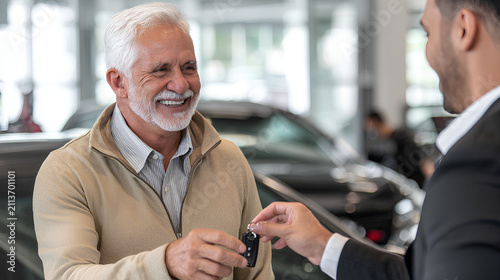 Handing over the keys and meeting with the seller and buyer at the dealership to discuss the purchase. Transportation, purchase, or transaction with a car dealer who gives the keys to the buyer after 