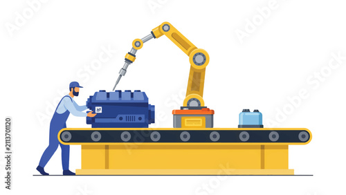 Industrial Factory Automation with Robotic Arm and Technician Supervising Assembly Line Process