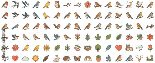 Konstfotografi Garden birds icon mega set robin bluebird owl nature wildlife floral elements vector clip art collection