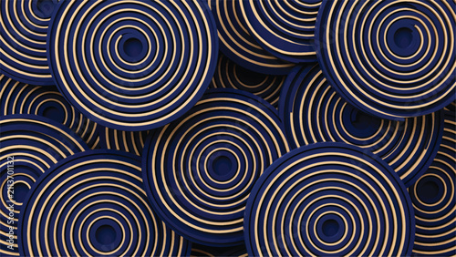 Elegant Abstract Background Featuring Layered Gold Mandalas on Deep Navy Blue Textured Circles