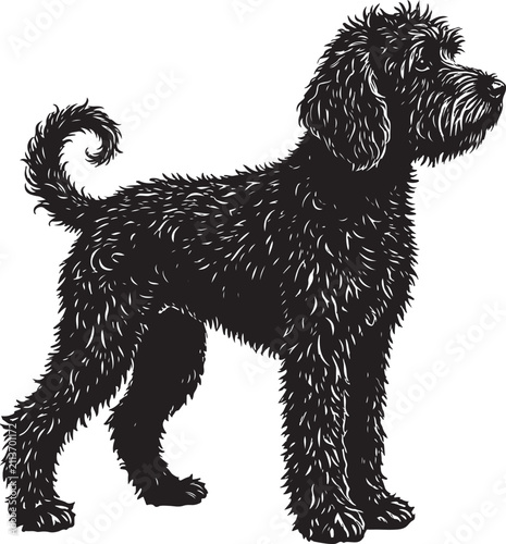 Black shaggy doodle dog standing side view silhouette illustration vintage