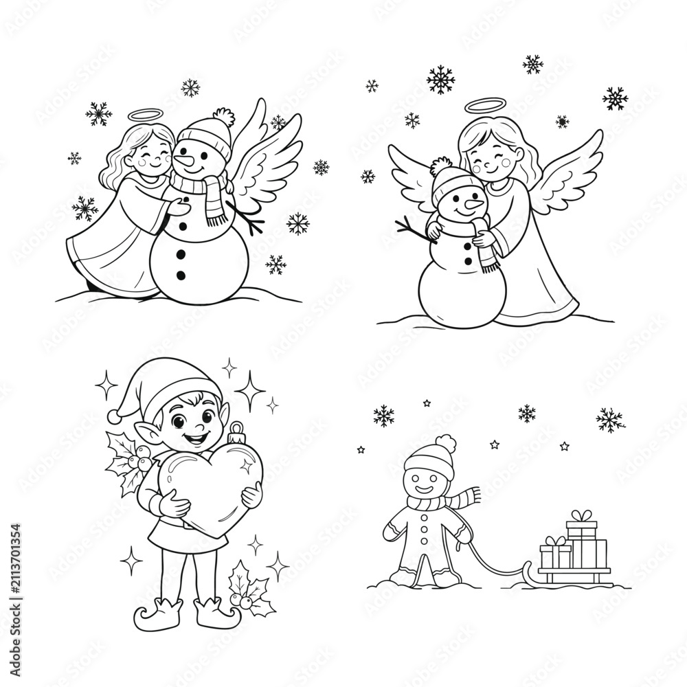 Obraz premium Cute christmas doodle set featuring angels elves and snowmen for holidays