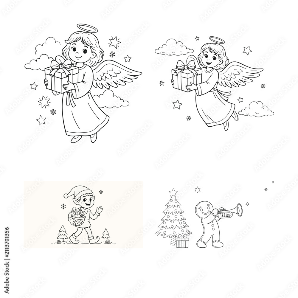 Naklejka premium Cute hand drawn christmas characters including angel elf and gingerbread man