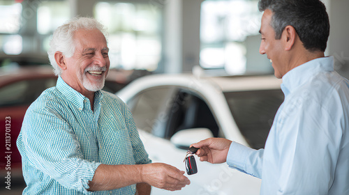 Handing over the keys and meeting with the seller and buyer at the dealership to discuss the purchase. Transportation, purchase, or transaction with a car dealer who gives the keys to the buyer after 