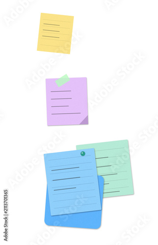 Colorful sticky notes with text and symbols on paper background