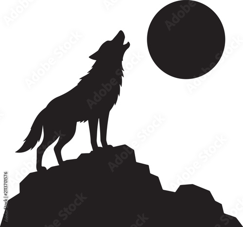 Obraz na płótnie Lone wolf howling at full moon on mountain silhouette illustration