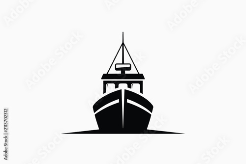 Minimalist Black and White Vector Illustration of a Fishing Boat Facing Forward for Maritime and Nautical Design Concepts