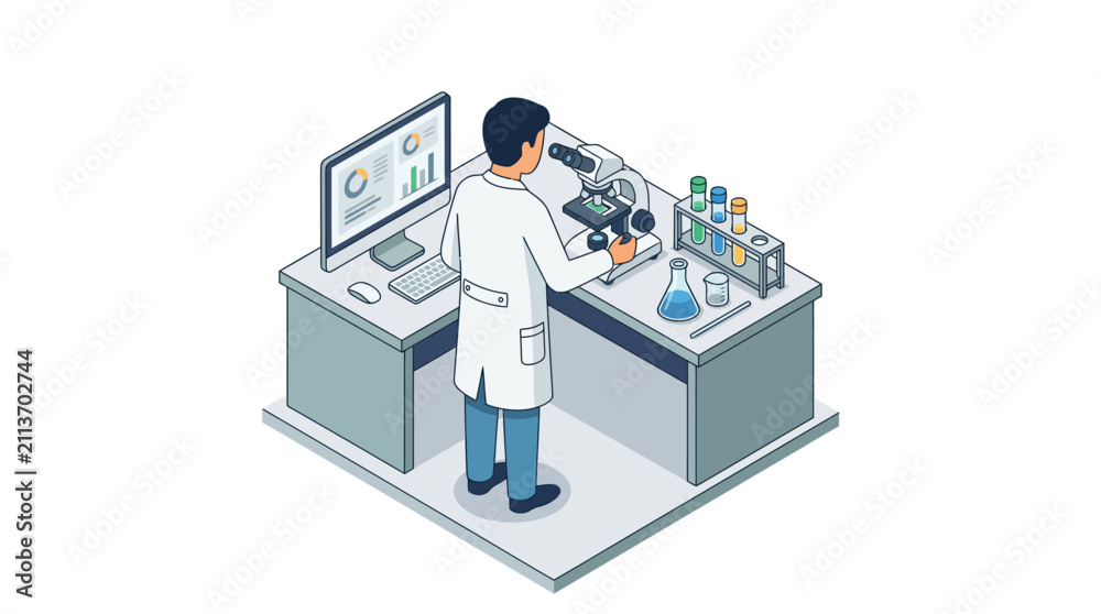 Fototapeta premium Scientist conducting research with microscope and computer in laboratory