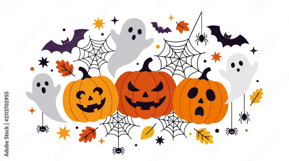 Fototapeta premium A playful Halloween cluster features three expressive carved pumpkins, surrounded by whimsical ghosts, intricate spiderwebs, fluttering bats, and scattered autumn leaves, creating a festive.