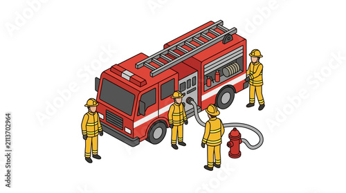 Картината върху платно Isometric illustration of firefighters preparing their fire truck for emergency