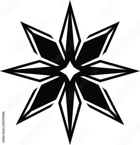 Black eight-pointed starburst geometric symbol, abstract