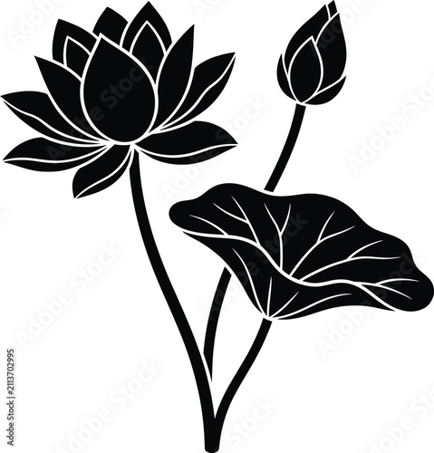 Black silhouette of a blooming lotus flower and bud with leaf