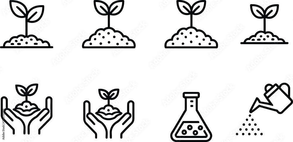 Naklejka premium Plant growth and gardening outline icons featuring seedling cultivation agriculture fertilizer eco care and sustainable farming vector collection