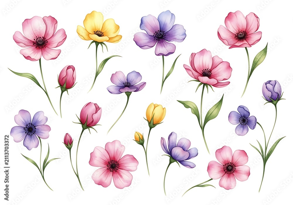 Fototapeta premium Watercolor flowers bouquet with buds illustration