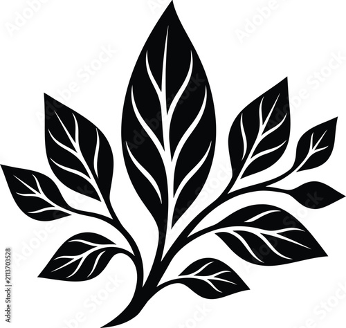 Black stylized plant with multiple leaves and veins on white background, leaf branch stem