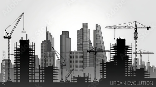 City Skyline Construction With Cranes And Skyscrapers For Urban Development And Growth Projects