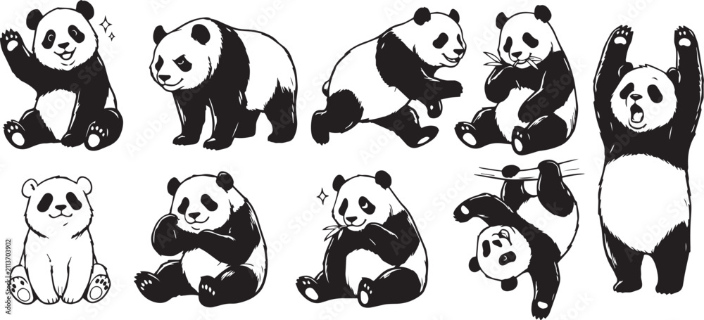Obraz premium A set of pandas. Hand drawn vector illustration