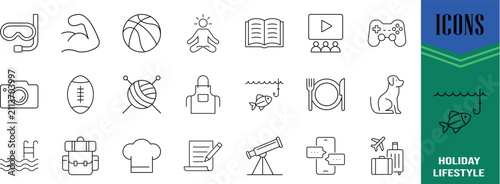 Hobby activity lifestyle vector icons. basketball icon set, camera icon set, backpack icon set