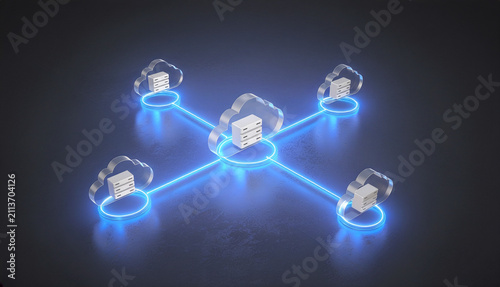 Futuristic cloud computing network with central server connected to database nodes, abstract decentralized data storage and technology infrastructure concept, 3d illustration.