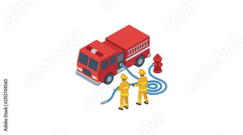 фотографія Isometric Illustration of Firefighters with Fire Truck and Hydrant