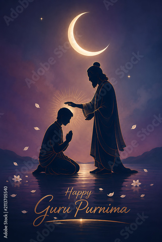 Guru purnima silhouette of spiritual teacher blessing kneeling disciple beneath glowing crescent moon during serene hindu religious festival over reflective sacred water scene