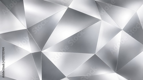 Abstract silver geometric metallic low-poly background with faceted triangular shapes and reflective gradient highlights