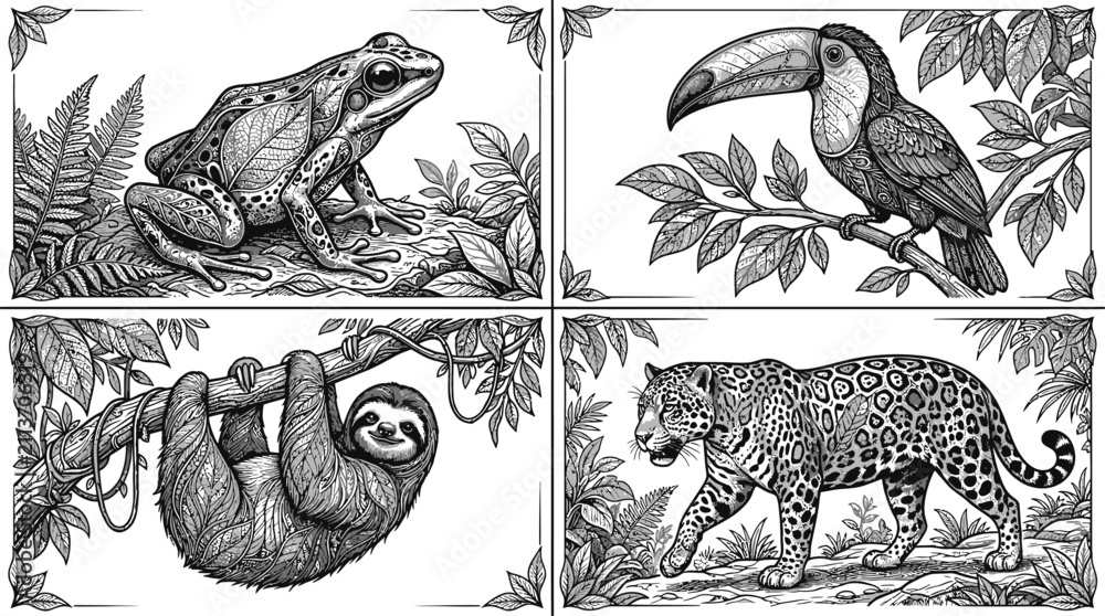 Fototapeta premium Tropical jungle animals consisting of a frog, toucan, sloth, and leopard are depicted in detailed black and white panels surrounded by lush forest vegetation.