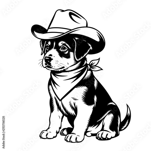 Puppy wearing cowboy hat and bandana. Vintage western style line art. Black and white vector illustration isolated on transparent background