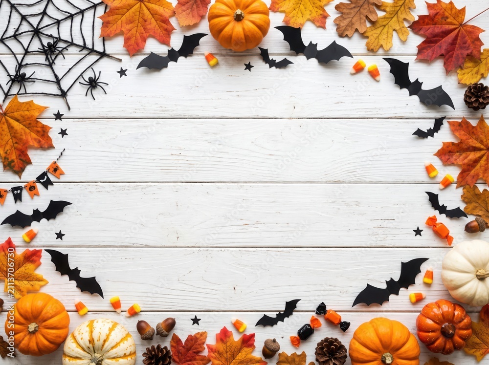 Obraz premium Halloween flat lay frame with pumpkins, autumn leaves, candy corn and bats on white wood background