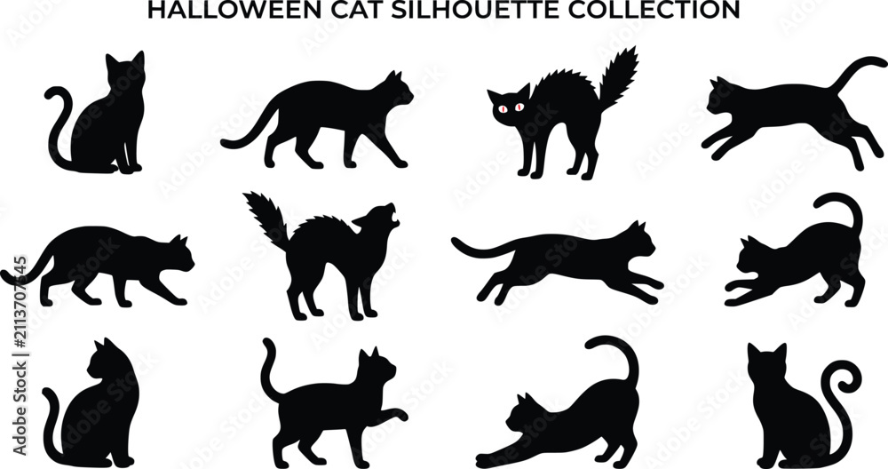 Fototapeta premium Black cat silhouettes collection vector illustration on a white background for seasonal designs silhouette