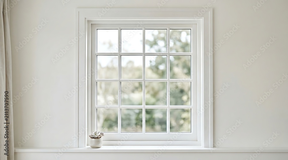 Fototapeta premium Modern White Window With Grid Panes Showing Outdoor Greenery