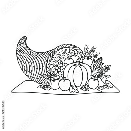 Photos Black and white cornucopia filled with harvest fruits and vegetables for thanksg