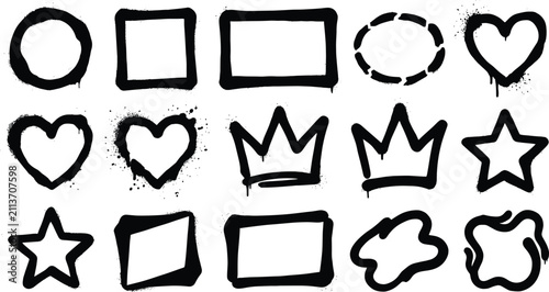 Graffiti Spray Paint Border Vector Icon Set Featuring Drip Hearts, Crowns, Stars, and Geometric Frames for Urban Street Art Style Graphic Designs