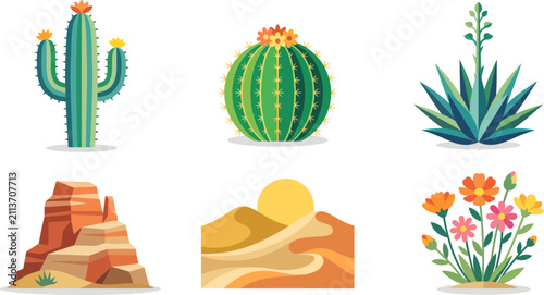 Foto Set of decorative desert plants and arid landscape elements rendered in a vibran