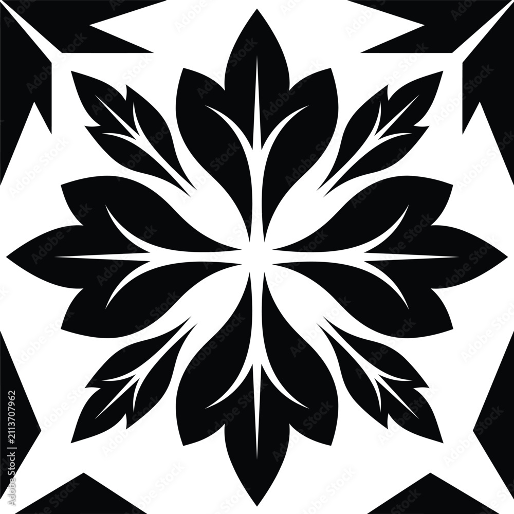 Fototapeta premium Black and white geometric floral pattern with sharp leaf shapes