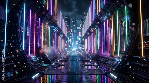 Futuristic neon city street corridor at night with glowing vertical lights and reflection on wet ground futuristic architecture